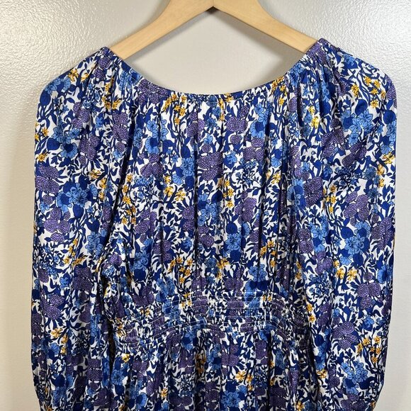 J.Crew Floral V-neck Midi Dress Size XS Blue Smocked Waist Work Wedding Event - Picture 9 of 12